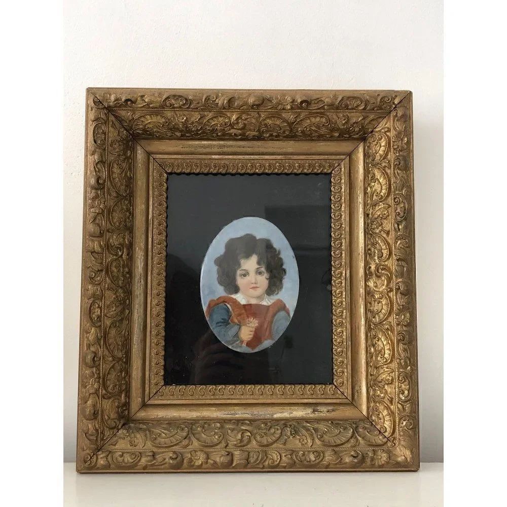 Antique Victorian Little Child with Flower Dresden Germany 1901 Framed